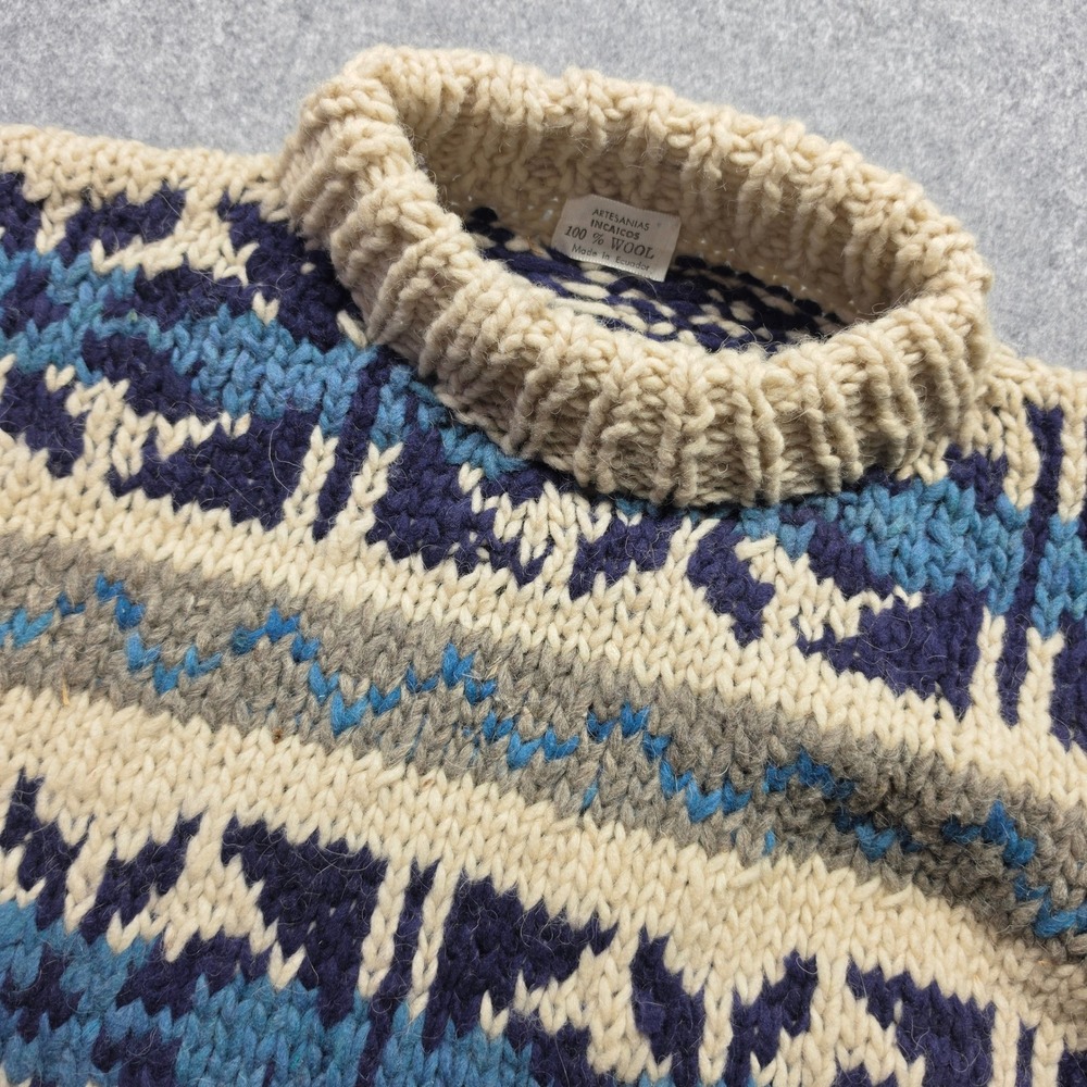 Artesanias Incaicos Mens 100% Wool Chunky Knit Sweater Blue Cream Ecuador L